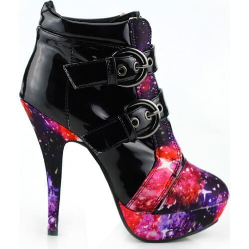 LF30301-1 Buckles Cosmic Galaxy Starry Night Sky High Heel Platform Ankle Boots