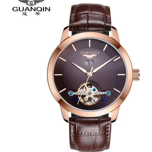 2021 GUANQIN Mens Watches Men Tourbillon Automatic Mechanical Watches Leather Strap Waterproof Calendar Wristwatches Male Clock