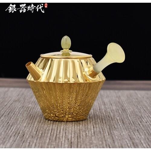 Ag999 Sterling Silver Teapot Gold Planted Kitchen Utensils Built-in Filter Handmade Coffee Tea Pot
