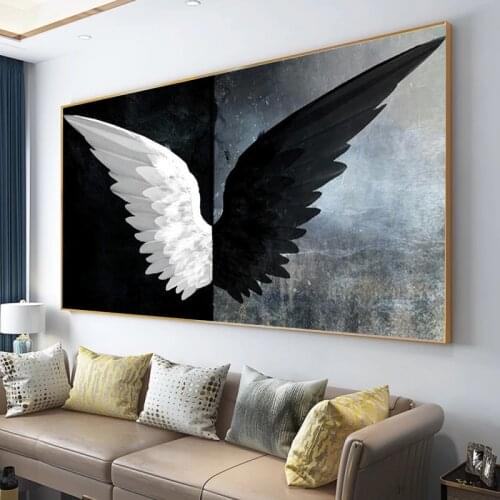 Black and white angel wings canvas paintings and posters, modern art style murals frameless paintings, home decoration paintings
