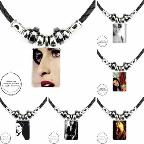 EJ Glaze For Women Girls Pop Amy Winehouse Ladies Black Leather Bead Pendant Glass Statement Handmade Maxi Necklace
