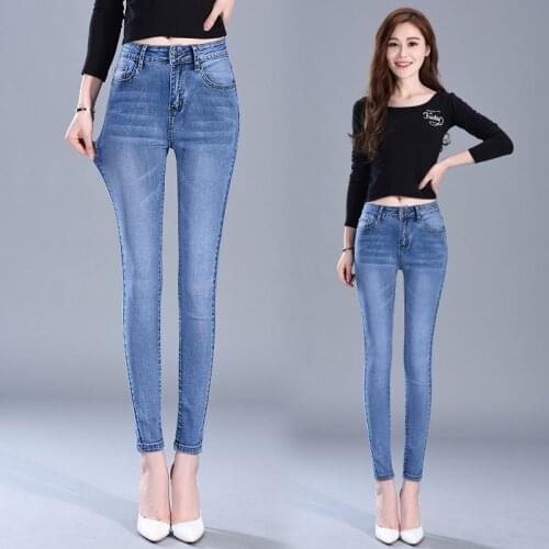 FNOCE 2020 autumn womens jeans pants young fashion casual elegant High Waist stretch Slim skinny All-Matching Pencil trousers