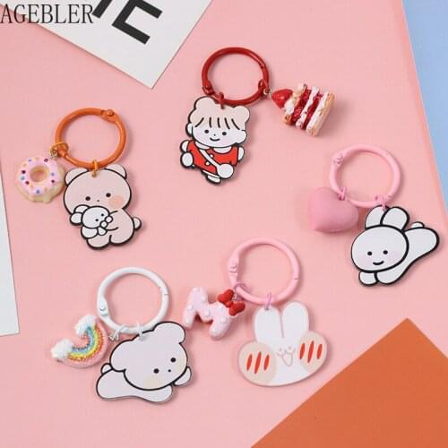 Korean Style Cartoon Cute Bear Rabbit Keychain Earphone Bag Acrylic Pendant Airpods Anime Keyring Bag Accessories Car Pendant