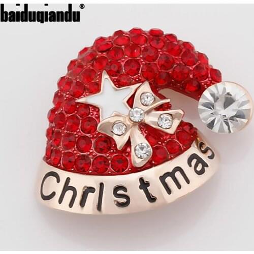 Red Rhinestones With Gold Color Star Bow Christmas Santa Claus Hat Brooch Pins in Gold Color Plated
