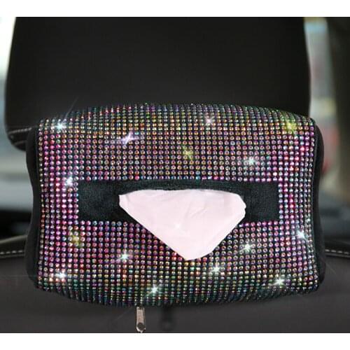 Colorful Crystal Car Tissue Box Holder Seat Back Hanging Diamond Tissue Paper Case Rhinestone Tissue Box Bag