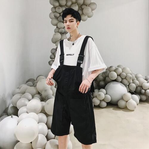 Summer Boys Black Overalls Knee Length Casual Shorts Loose Mens Shorts Adjustable Straps P11