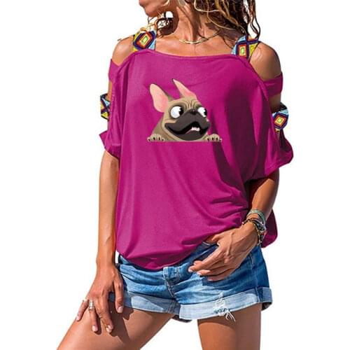 Summer Fawn French Bulldog Sticker Pet Dog Print T-shirt Fashion WoMen Cotton Short Sleeve T Shirt Sexy Hollow Out Shoulder Tee