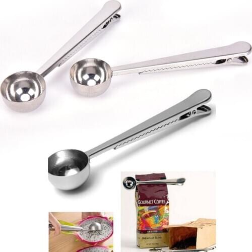 1PC Durable Stainless Steel Spoon With Bag Clip Ground Tea Coffee Scoop With Portable Bag Seal Clip Powder Measuring Tools