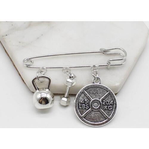 Fashion charm power exercise dumbbell barbell kettle bell brooch Men and women fitness creative gift jewelry brooch