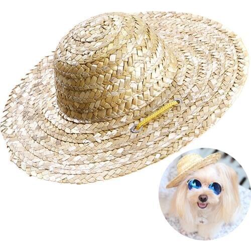Fashion Handmade Pet Hat Dog Straw Hat Adjustable Strap Cat Beach Cap Puppy Kitten Sun Hat Woven Sombrero Cute Pet Accessories