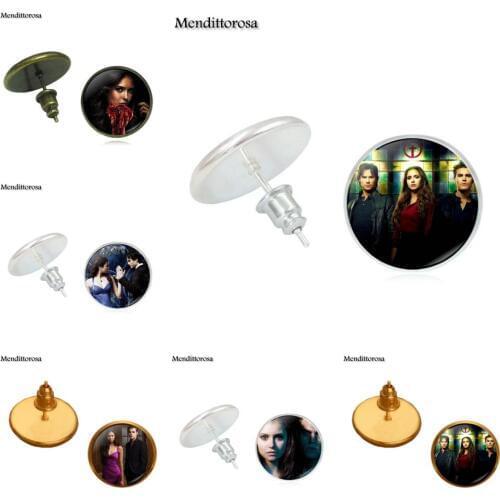 Mendittorosa Fashion Ladies Bronze/Silver/Golden Clip Ear Hook Stud Earrings Jewelry Glass Cabochon For Girls Vampire Diaries