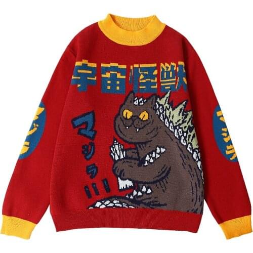 Fashion Women Vintage Harajuku Sweater Cartoon Monster Embroidery Student Sweater Coat Loose Hit Color Pullover Casual Sweater