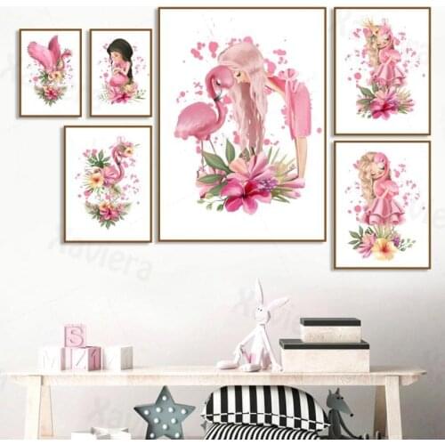 Cartoon Decor Painting Pink Pictorial Flower Flamingo Girl Home Decor Wall Art Canvas Painting Nordic Poster Baby Room Nursery