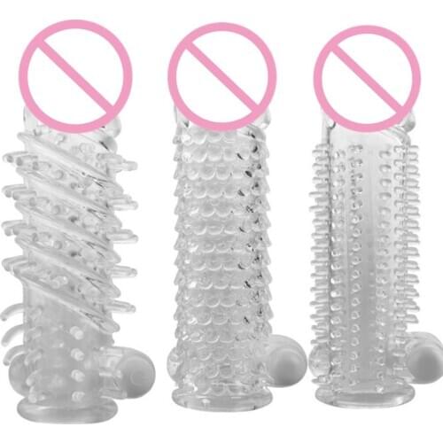 Vibrator Penis Sleeve Reusable Condom Delay Long Sleeve Crystal Spike Dildos Vibrating Penis Sleeves Sex Toys for Men