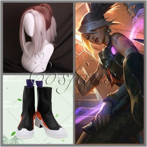 NEW! Halloween party cosplay wig LoL True Damage Akali Cosplay Shoes Boots Anime LoL Akali Wigs Hair Women Female Wig+Free Cap