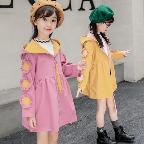 Autumn Girls Korean Windbreaker Coats Jacket Clothing For Big Kids Children Flower Embroidery Hooded Outwear 4T 8T to 12 Years