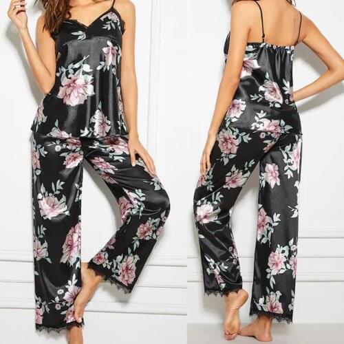 2 Piece Faux Silk Satin Pajamas Set Summer Women Sleepwear Lace Sleeveless Long Pants Nightwear Pyjamas Suit Female Homewear