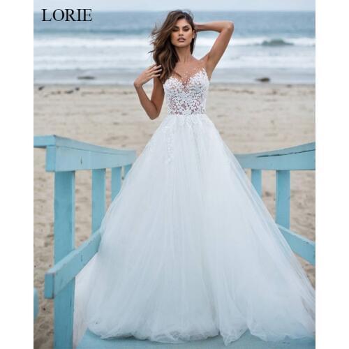 LORIE 2020 Beach Wedding Dresses Tulle Lace Appliques A-Line Bridal Gowns With Sweep Train Elegant Princess Wedding Party Dress