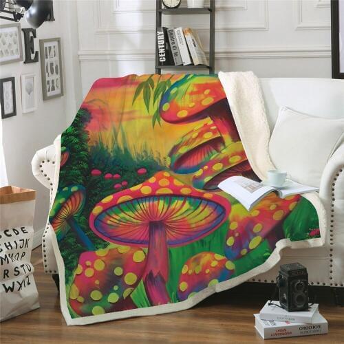 Mushroom printed Throw Blanket Blue 3D Bedding Wolves Plush Sherpa Blanket on the Bed Home Textiles