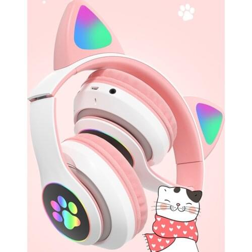Portable Bluetooth Wireless Over Ear Headset Glowing Cat Ear BT5.0 Stereo Earphones Support AUX IN TF Card MP3 Playerwith Mic