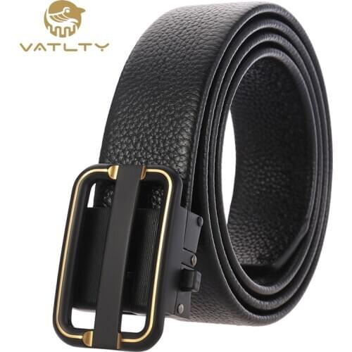 VATLTY Fashion mens leather belt hard metal button type automatic buckle belts for men natural cowhide mens business suit belt