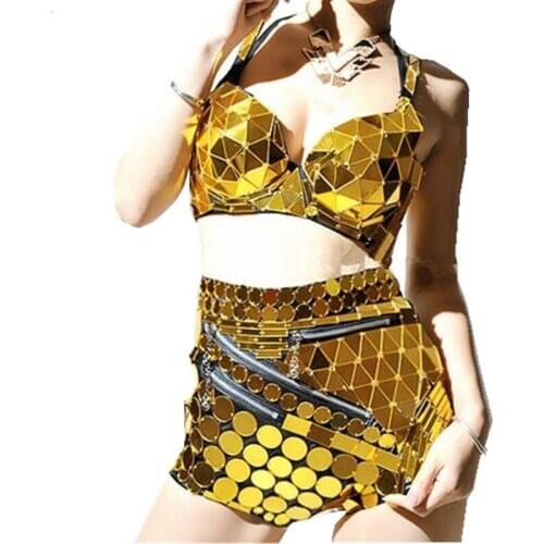 Sexy dance mirror costume Nightclub singer clothing gold reflective lens gold mirror bra high waist pants