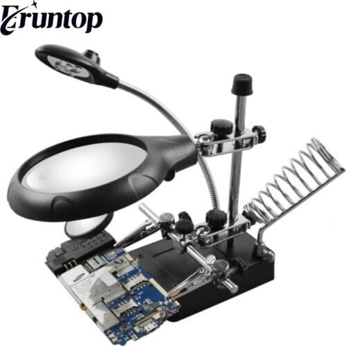 Welding magnifying glass 5 LED Light Auxiliary Clip loupe Magnifier 3 In1 Hand Soldering Solder Iron Stand Holder Station