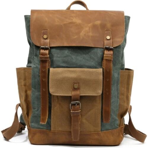 Men Vintage Crazy Horse Leather Canvas Backpack Male Large Capacity Outdoor Travel Bags Rucksack Laptop Backpack School Bookbag