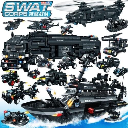 WOMA City Police Military SWAT Arms Vehicle Sets Truck Car Gunship Plane Model Building Blocks Brick Boys Gifts