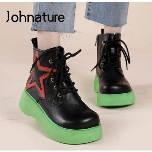 Johnature Autumn Winter Shoes Women Boots 2021 New Genuine Leather Round Toe Mixed Colors Handmade Concise Retro Platform Boots