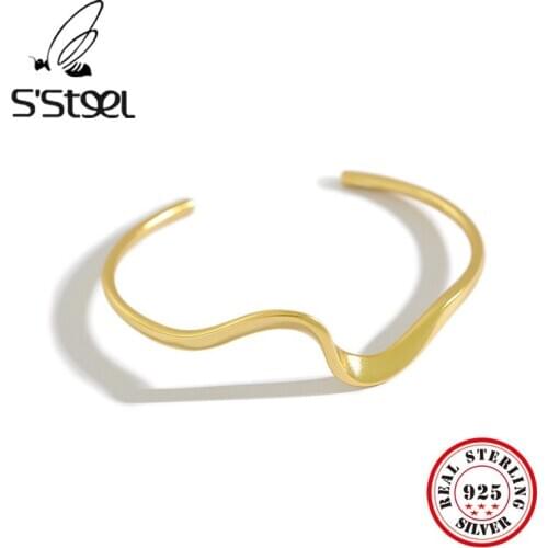 SSTEEL 925 Sterling Silver Bangles For Women Simple Gold Irregular Wave Resizable Cuff Ladies Bangle Bijoux Femme Fine Jewelry