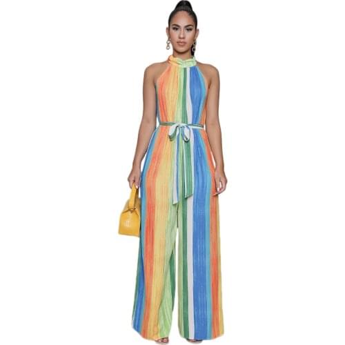 Womens Casual Loose Jumpsuit Striped Printed Spaghetti Strap Wide Leg Pants With Waistband