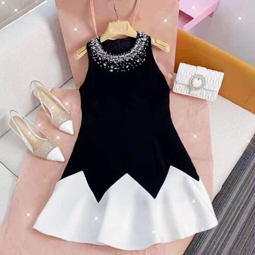 High-End Customization French Style Women Sweet Diamonds O-Neck Collar A-Line Sleeveless Dress