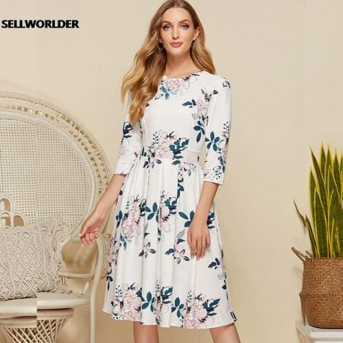 Spring And Summer New Fashion Slim Womens Three-quarter Sleeves Temperament Elegant floral Round Neck A-line Skirt Retro Dress