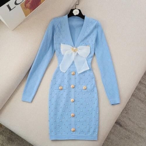 High Quality Autumn Small Fragrance Sheath Bodycon Dress Women Long Sleeve Bow Knitted Sweater Dress Fashion Casual Mini Robes