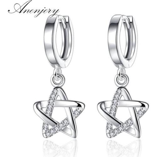 ANENJERY 925 Sterling Silver Hollow Zircon Star Earrings For Women pendientes oorbellen S-E480