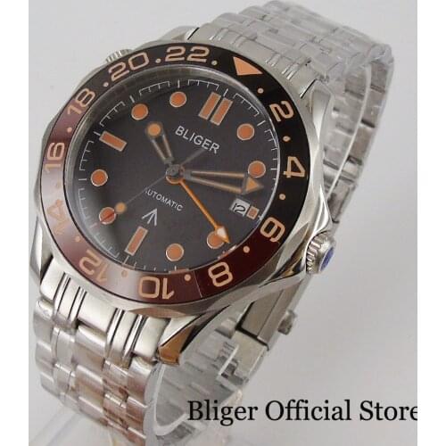 BLIGER Men Watch Sapphire Glass GMT Automatic Movement Rotating Bezel Stainless Steel Band