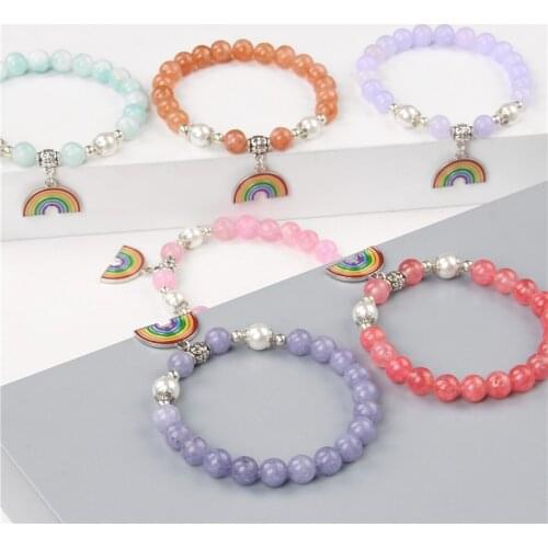 Rainbow Charm Bracelets Women Handmade Jewelry 8 mm Stone Natural Chalcedony Beads Bangle Children Lovely Pearls Bracelet Men