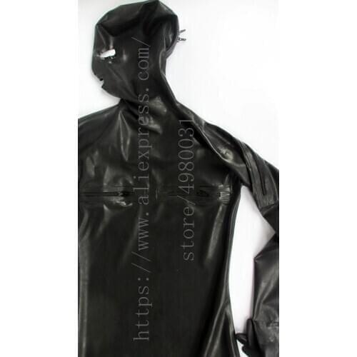 Breast & shoulders zippers design full body mens latex bondage catsuit and attached mask & socks & gloves