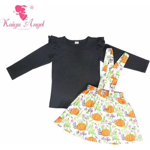 Kaiya Angel Halloween Girl Autumn Orange Pumpkin Boutique Outfits Black Cotton Flying Sleeve Top Flower Strap DressClothing Sets
