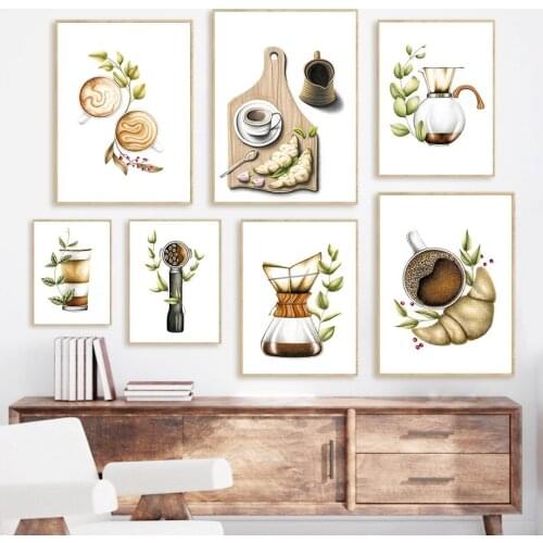 Modern Watercolor Coffee Croissant Tool Wall Art Canvas Painting Nordic Posters And Prints Wall Pictures For Living Room Decor