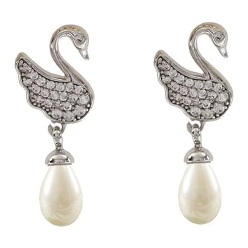 LANFLORA new White swan zircon women pearl stud earrings copper alloy stud earrings Classic bulk wholesale earrings