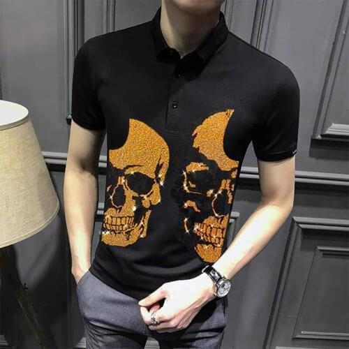 Hot Short Sleeve Premium Lapel High Quality Popular Clothing Rock Mens Polo Europe Rhinestone Original Casual Brand Shirt