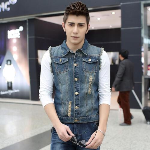 Men summer slim leisure sleeveless jacket coats waistcoat male teens ripped hole retro thin single breasted short vest tank tops