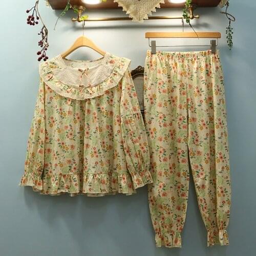 Fdfklak High Quality Pure Cotton Pyjamas Two-Piece Comfortable Printed Long-Sleeved Autumn New Pajamas PJS Women Home Wear