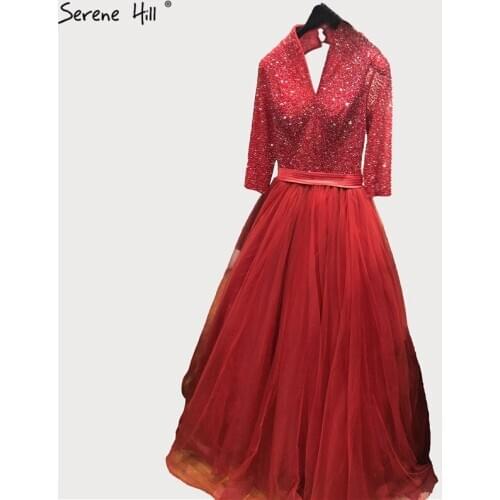 Dubai Red Long Sleeves Sexy Prom Dresses 2020 V-Neck Beading Lace Up A-Line Prom Gowns Serene Hill BLA70261