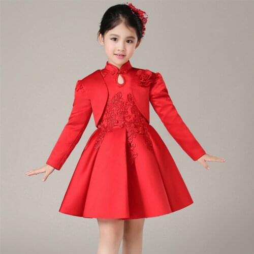 2018 Spring New Girls Cheongsam Princess Dress Flower Girl Birthday Costumes Embroidered Flower Tutu Dress or With wrap 2pcs