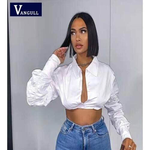 Vangull 2020 New Womens Sexy Deep V-neck Exposed Navel Fashion Puff Sleeve Short Personalized Simple Pure White Shirt Trend Cl
