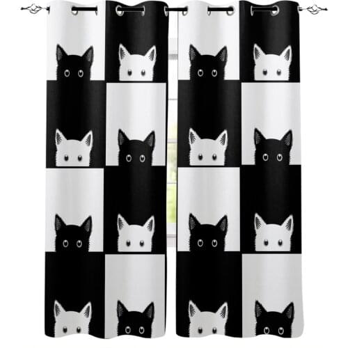 Geometic Black White Plaid Cat Modern Window Curtains Home Decor for Kitchen Bedroom Living Room Curtain for Window Panel