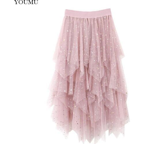 Women Mesh Asymmetrical Skirt Shiny Mid-Calf High Waist Summer Casual Sweet Girls Skirts Black Pink Grey Streetwear 226-237